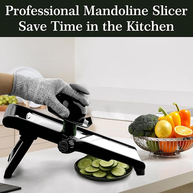 VEKAYA Mandoline Slicer for Kicthen,Adjustable Vegetable Slicer,Food Chopper,Potato Slicer,Mandolin,Tomato Slicer, Veggie Cutter, Stainless Steel Professional with Safety Gloves