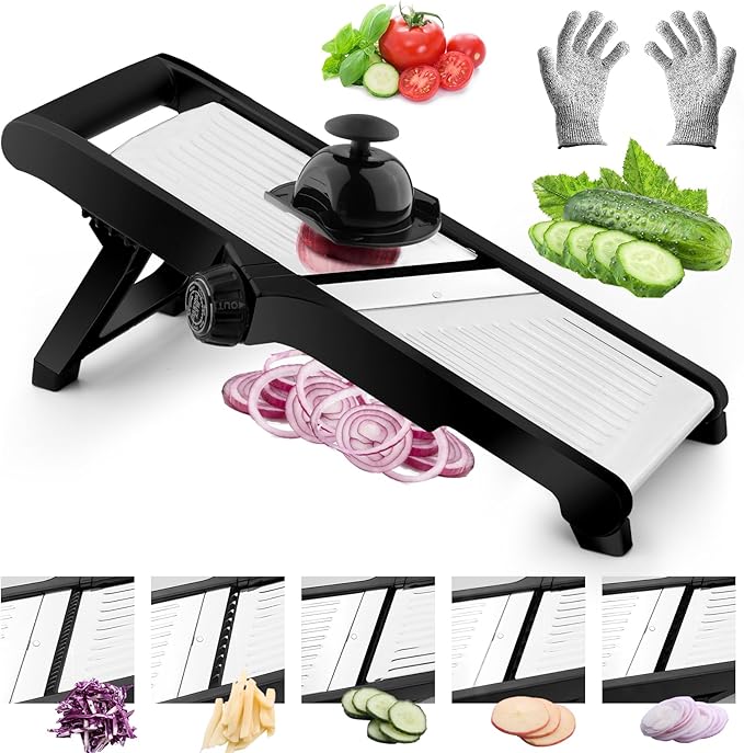 VEKAYA Mandoline Slicer for Kicthen,Adjustable Vegetable Slicer,Food Chopper,Potato Slicer,Mandolin,Tomato Slicer, Veggie Cutter, Stainless Steel Professional with Safety Gloves