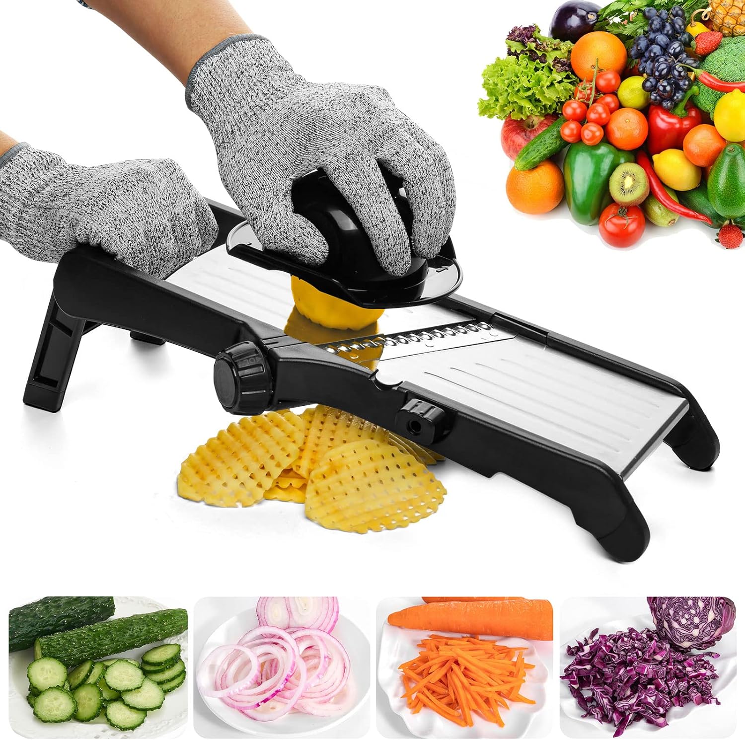 VEKAYA Mandoline Slicer for Kicthen,Adjustable Vegetable Slicer,Food Chopper,Potato Slicer,Mandolin,Tomato Slicer, Veggie Cutter, Stainless Steel Professional with Safety Gloves