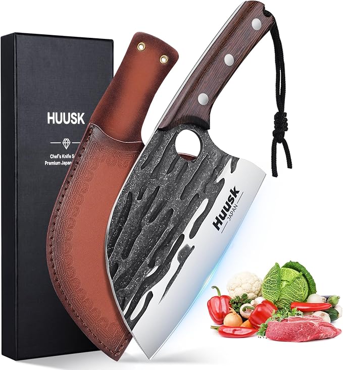 Huusk Upgraded Serbian Chef Knife-Japanese Meat Cleaver Knife for Meat Cutting
